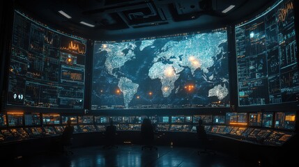 A futuristic control center with expansive screens displaying global health data manages complex systems, epitomizing advanced technology and intelligence.