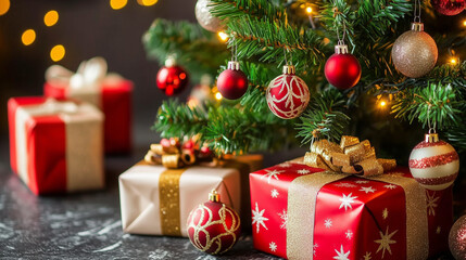 Minimalist Christmas Tree with Gold and Silver Gifts in Dark Background