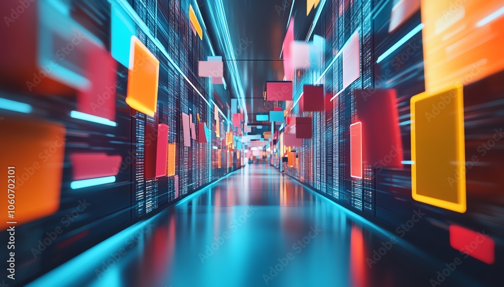 Fototapete Vivid 3D image of a digital document management system concept featuring collaborative mobile and laptop usage, framed by a vibrant and contemporary backdrop