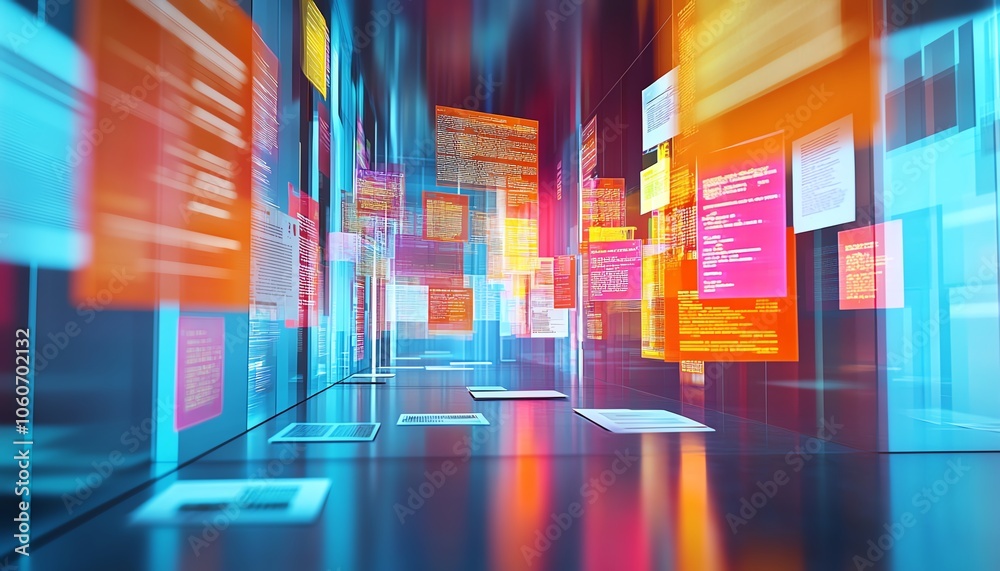 Fototapete Vivid 3D image of a digital document management system concept featuring collaborative mobile and laptop usage, framed by a vibrant and contemporary backdrop