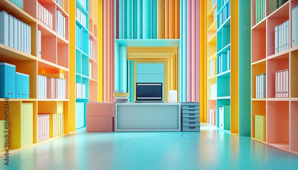 Aufkleber Vivid 3D image of a digital document management system concept featuring collaborative mobile and laptop usage, framed by a vibrant and contemporary backdrop