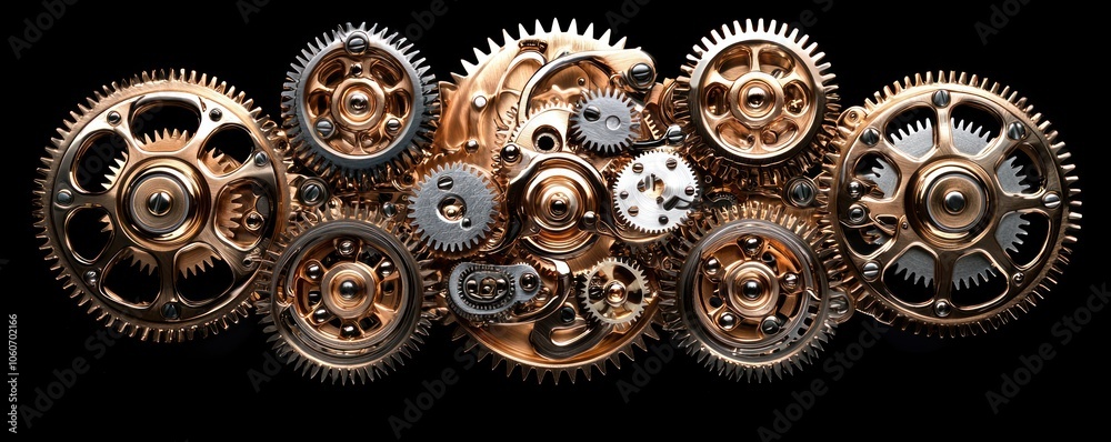 Poster Close-up of an intricate system of metallic gears, each with its own unique design and function.