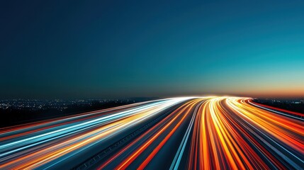 A long exposure night shot of cars speeding across a multi lane highway, their headlights and taillights creating streaks of light against the dark cityscape.