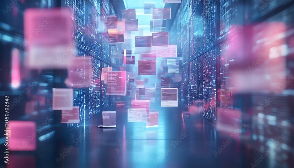 Poster Captivating 3D rendering of a digital document management system showcasing mobile and laptop interaction, complemented by a creative and inspiring background