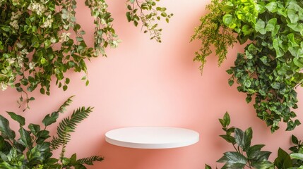 Minimalist round display pedestal surrounded by fresh greenery against a soft pink wall in natural sunlight.