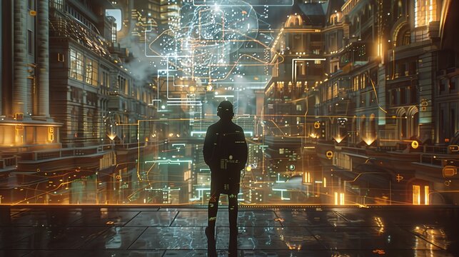 Futuristic urban scene  human decision maker engaged with holographic data in a vibrant cityscape