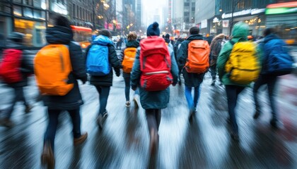 Young students in motion heading to class on a busy city street during the morning