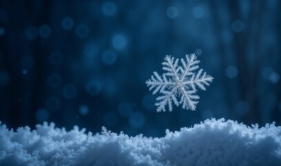 Minimalistic winter background, close-up of silver snowflake against dark blue gradient, festive and magical atmosphere