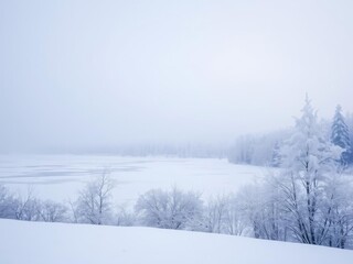 Fototapeta premium Beautiful winter landscape with snow covered trees and a frozen lake, cold, lake