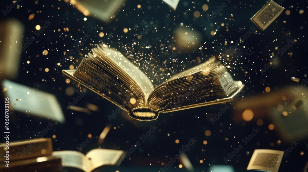 Poster an open book levitating with a golden glow and particles