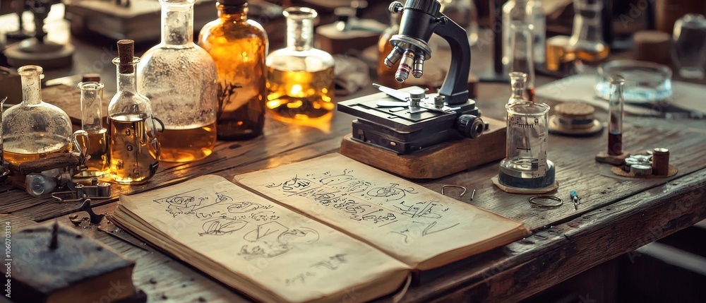 Poster an open notebook with scientific drawings, surrounded by laboratory equipment on a wooden table
