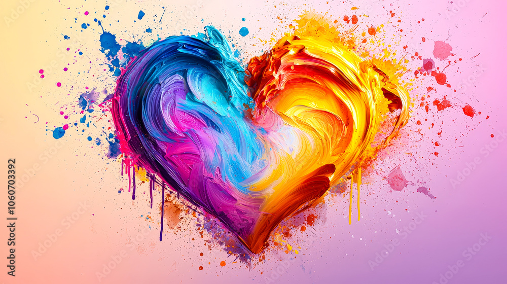 Poster a heart shape emerges from vibrant swirls of color, blending shades of blue, orange, and pink, creat