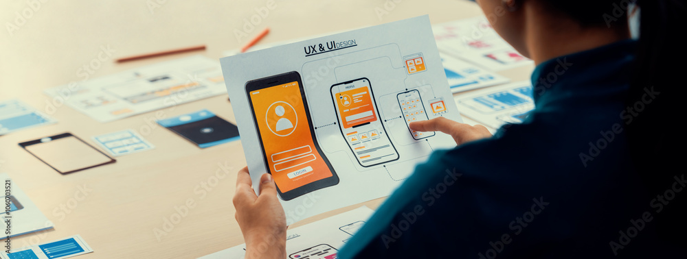 Poster panorama banner of startup company employee planning on user interface prototype for mobile applicat