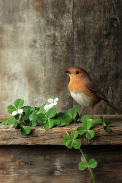 Rustic Bird and Clover Element for Your Natural Products. Watercolor Illustration on Wooden Deck
