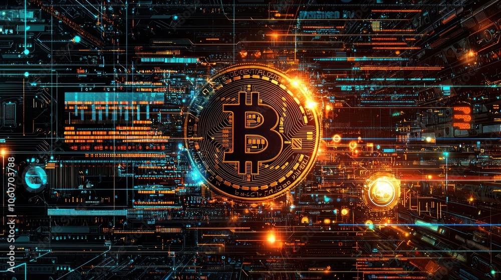 Poster Glowing Bitcoin Symbol on a Futuristic Digital Circuit Board