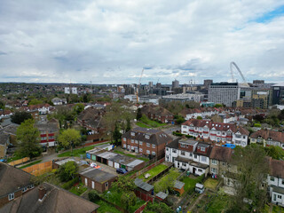 Obraz premium Aerial View of Downtown and Central Wembley London City of England Great Britain. High Angle Footage Was Captured with Drone's Camera from Medium High Altitude on April 17th, 2024