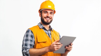 Engineer man holding a tablet, smiling while inspecting the building site, isolated on a white background