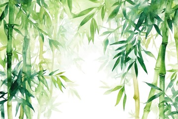 Obraz premium Serene Bamboo Forest: Watercolor Illustration of Green Bamboo Stems and Leaves in a Zen Garden Setting