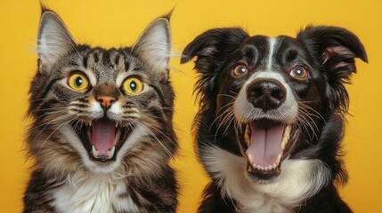 Obraz premium A cat and a dog with big smiles, looking excited about something.