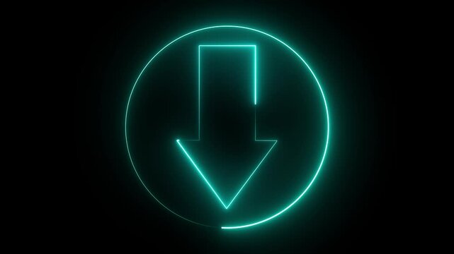 The neon down arrow radiates a vivid glow in deep blue and purple hues. Its sleek design conveys direction and descent, symbolizing downward movement, choice, and the flow of information.