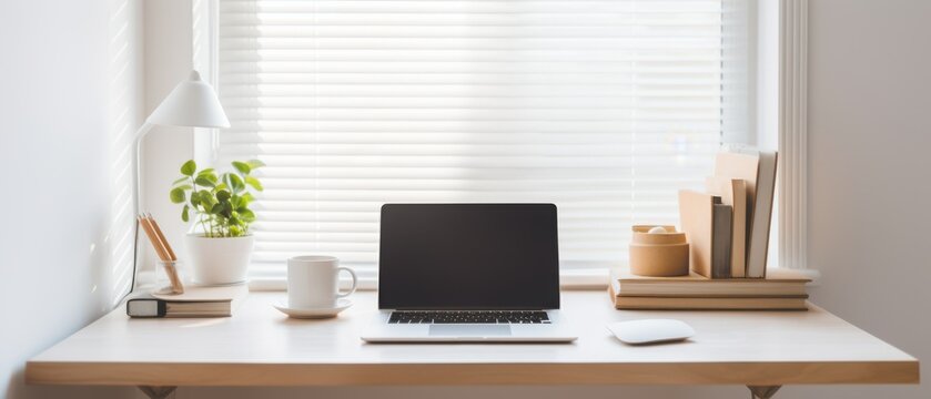 A sleek, minimalist desk setup features a laptop, books, and a plant, exuding a calm and organized workspace atmosphere.