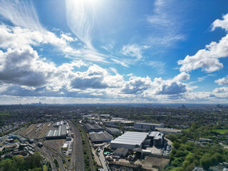 Aerial View of Downtown and Central Wembley London City of England Great Britain. High Angle Footage Was Captured with Drone's Camera from Medium High Altitude on April 17th, 2024