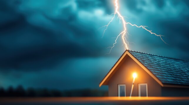 A dramatic close up of a lightning bolt striking a lightning rod on a rooftop, emphasizing the importance of electrical grounding.