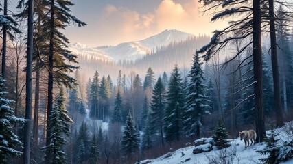 Beautiful and majestic wolf in a snowy forest setting, perfect for wallpaper, wilderness, wallpaper