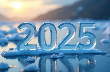 The number 2025 made of clear ice, resting on snow, with a soft winter sunset in the background, symbolizing the New Year and a fresh start.