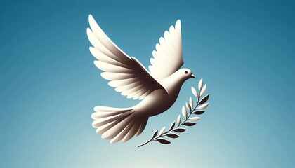 White dove carrying an olive branch against a blue sky in a symbolic representation of peace