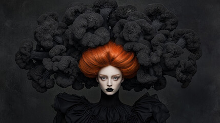 Dark Portrait of a Woman with Red Hair and Black Flowers