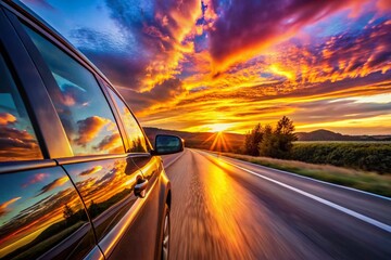 Obraz premium Scenic Macro Photography of a Car Driving on a Highway at Sunset with Dramatic Skies, Warm Colors, and Captivating Light Reflections for Stunning Visual Impact