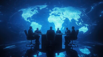 Executives discuss global strategies in a high-tech boardroom