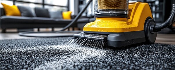 Fototapeta premium Yellow Vacuum Cleaner Cleaning Grey Carpet with Water Spray