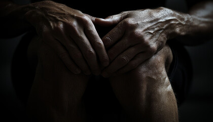 Fototapeta premium Detailed hands gripping upper thigh, showcasing strength and tension in dramatic light