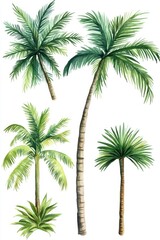 Tropical Palm Tree Varieties. Hand-drawn Watercolor Illustration Set for a Relaxing Vacation Vibe