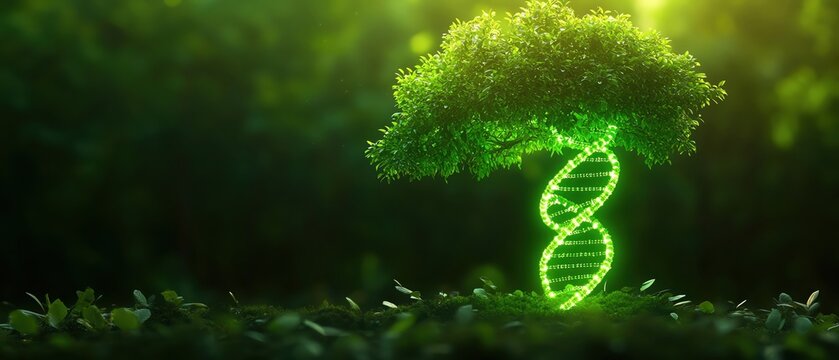Tree with DNA strands, symbolizing nature and genetics, lush green background.