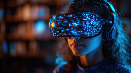 A young woman explores a captivating virtual reality world, adorned with glowing lights and headphones in a cozy, illuminated room