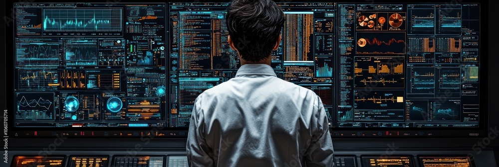 Poster a man observing data displays in a futuristic control room