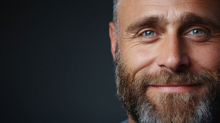 close up of happy man with beard, showcasing his bright blue eyes and warm smile. image captures joyful expression against dark background, emphasizing his features