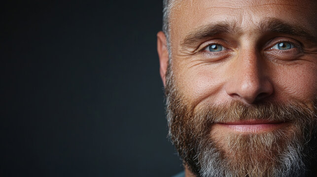 close up of happy man with beard, showcasing his bright blue eyes and warm smile. image captures joyful expression against dark background, emphasizing his features