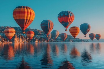 Fototapeta premium Colorful Hot Air Balloons Floating Over a Lake and Rocky Landscape at Sunrise