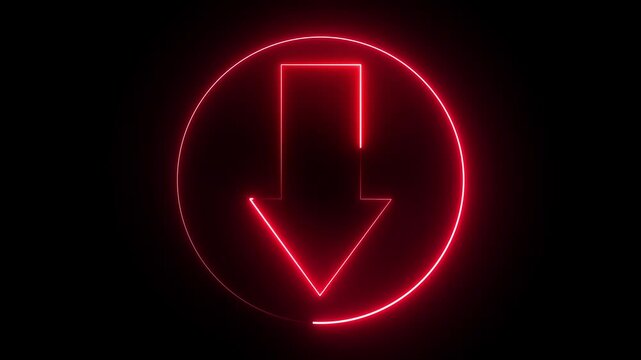 The neon down arrow radiates a vivid glow in deep blue and purple hues. Its sleek design conveys direction and descent, symbolizing downward movement, choice, and the flow of information.