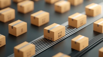Within a bustling warehouse, a conveyor belt carries a stream of cardboard boxes, each meticulously labeled with shipping addresses, demonstrating the scale of online shopping.
