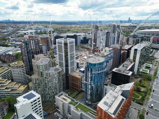 Aerial View of Downtown and Central Wembley London City of England Great Britain. High Angle Footage Was Captured with Drone's Camera from Medium High Altitude on April 17th, 2024
