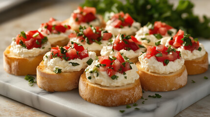 Gourmet bruschetta topped with fresh tomatoes, herbs, and cheese