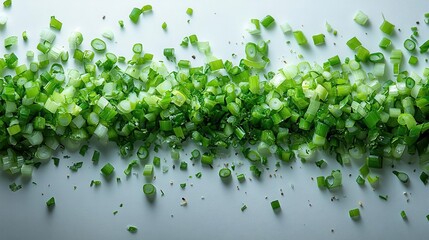 Obraz premium chopped green onions suspended in midair against a pristine white background each piece glistening with freshness inviting a sense of culinary creativity and vibrancy