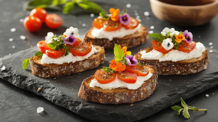 Luxurious bruschetta with tomatoes, cheese, and edible flowers