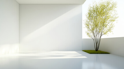 Fototapeta premium bright, minimalist interior featuring large window with natural light illuminating small tree and grass patch. clean lines and open space create serene atmosphere
