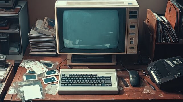 Vintage CRT monitor and keyboard on a desk.